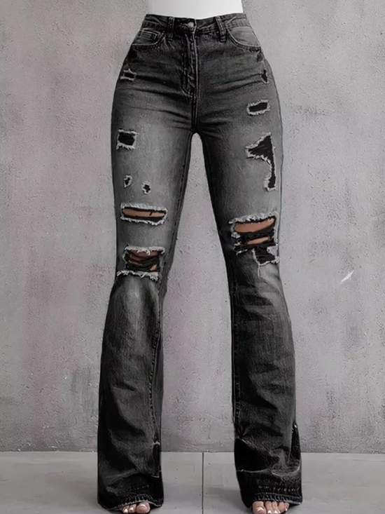 Flamingals Denim - High-Rise Distressed Flare Jeans - Black